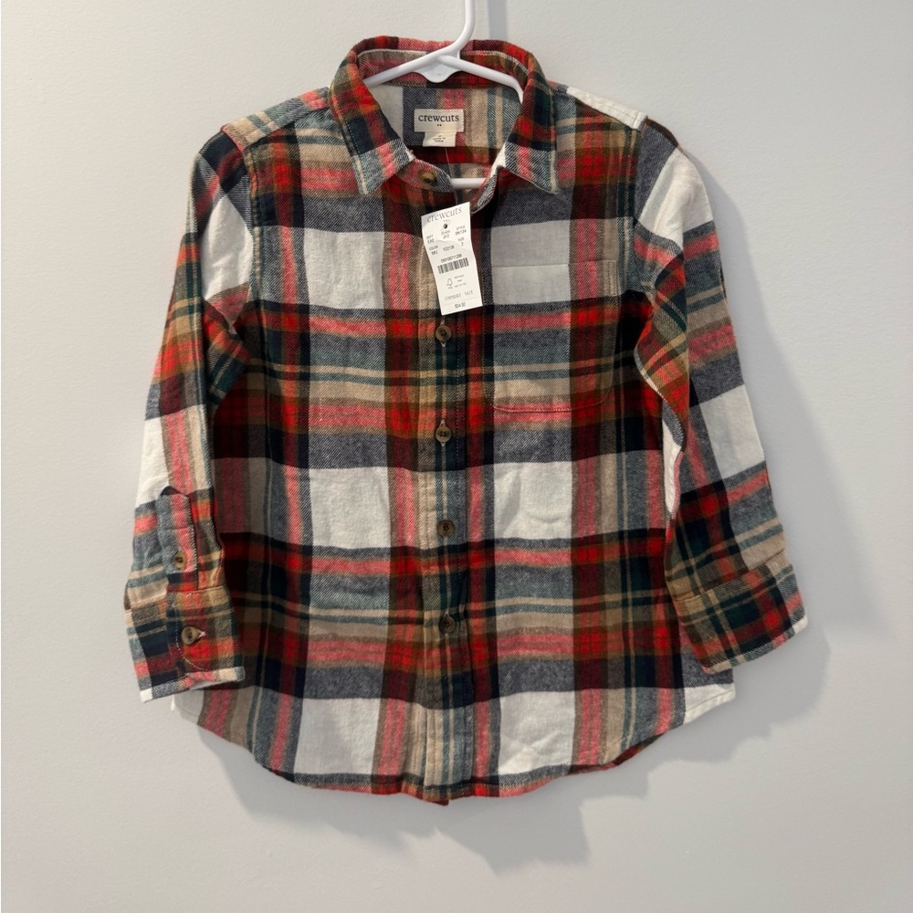 Crewcuts Boy’s Flannel Plaid Button Down Shirt - Red, Blue, White Size 2 NWT